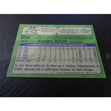1982 Topps Card # 307A Randy Bass Excellent-Mint (6) San Diego Padres