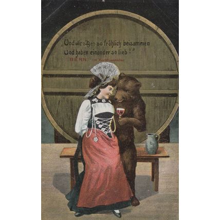Bear Getting Lady Drunk Antique Swiss Switzerland Comic Postcard