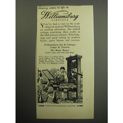 1957 Williamsburg Virginia Ad - History comes to life in Williamsburg Virginia