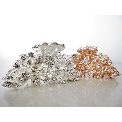 Silver rose gold metal two flower crystal hair claw bridal clip