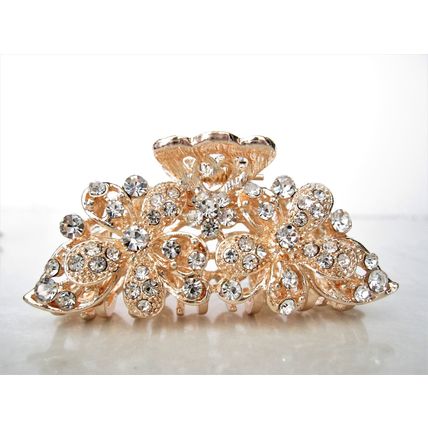 Silver rose gold metal two flower crystal hair claw bridal clip