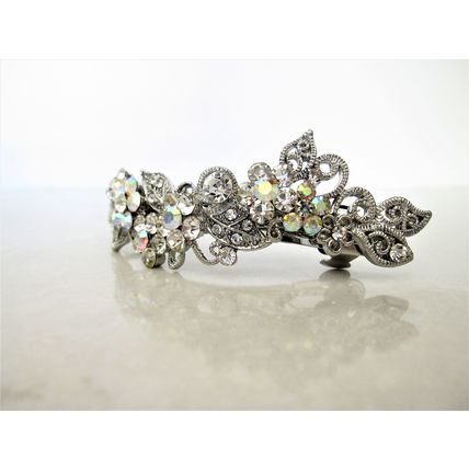 Large silver leaves flowers pink purple amber brown crystal hair barrette