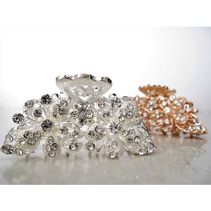 Silver rose gold metal two flower crystal hair claw bridal clip