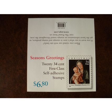 USA 2001 Christmas 34c mint 20 stamps booklet SG4005 art Madonna Child Costa