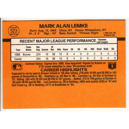 1989 Donruss Mark Lemke rookie baseball card #523 – *denotes