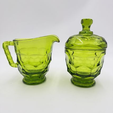 MCM Viking Art Glass GREEN GEORGIAN New Martinsville Cream and Sugar Set