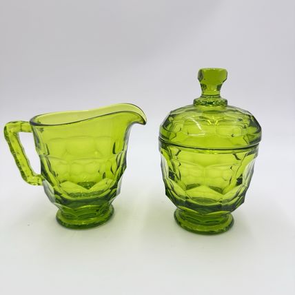 MCM Viking Art Glass GREEN GEORGIAN New Martinsville Cream and Sugar Set