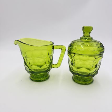 MCM Viking Art Glass GREEN GEORGIAN New Martinsville Cream and Sugar Set