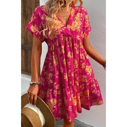 Rose Floral Print Batwing Sleeve Smock Dress