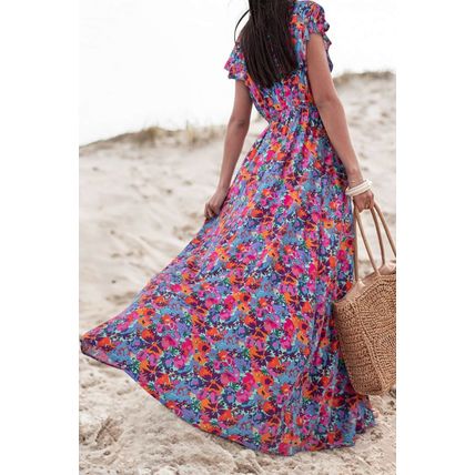 Blue Floral Print V Neck Wrap Split Maxi Dress