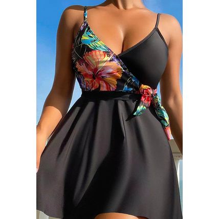 Black Floral Print Wrapped Spaghetti Straps Tankini Set