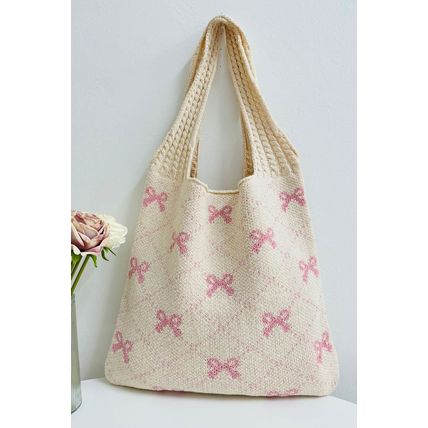 Beige Sweet Bowknot Textured Strap Knit Shoulder Bag
