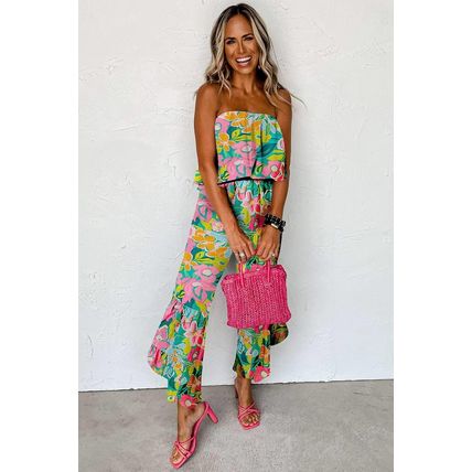 Green Mix Tropical Print Strapless Ruffled Jumpsuit