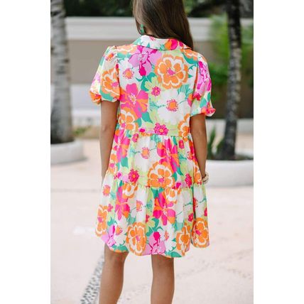 Pink Floral Puff Sleeve Collar Buttoned Babydoll Dress