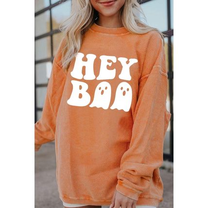 Orange Halloween Hey Boo Ghost Print Loose Sweatshirt