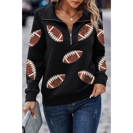 Black Sequin Rugby Football Patched Quarter Zip Textured Sweatshirt