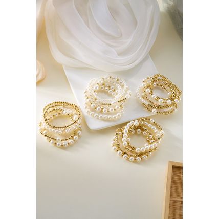 Gold Cross Pearls Decor Plated Beaded Multi Layer Bracelets