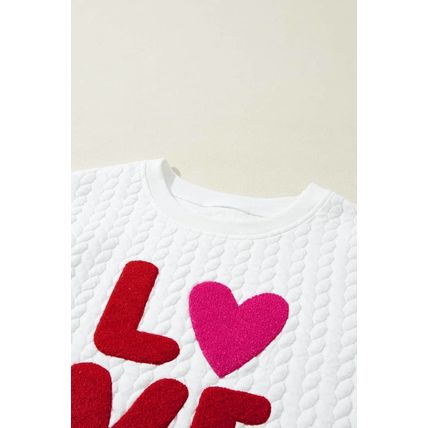 White LOVE Chenille Embroidered Cable Knit Pullover Sweatshirt
