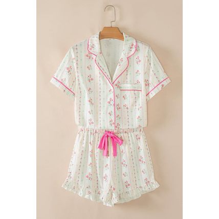 Beige Floral Print Contrast Pipping Short Pajamas Set