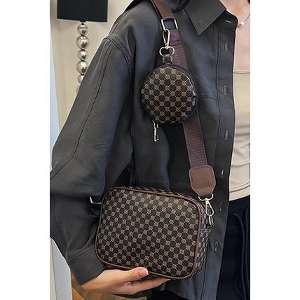 Coffee Checkered Print PU Leather Shoulder Bag with Coin Wallet