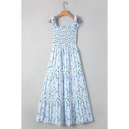 Sky Blue Floral Smocked Tied Straps A-Lined Tiered Maxi Dress