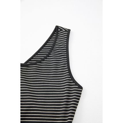 Black Stripe Criss Cross Side Slits Slim Fit Sleeveless Midi Dress
