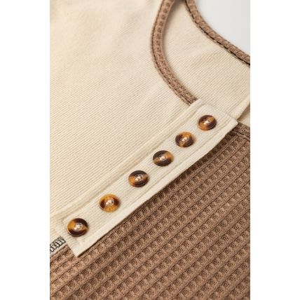 Beige Color Block Waffle Knit Stitch Detail Long Sleeve Top