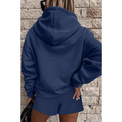 Navy Blue Button Drawstring Hooded Pullover and Casual Short Set