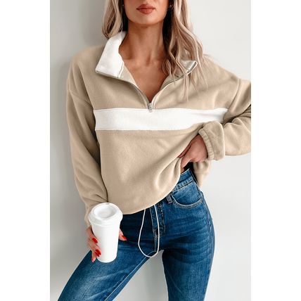 Parchment Fleece Colorblock Patchwork Zipped Neck Pullover Sweatshirt