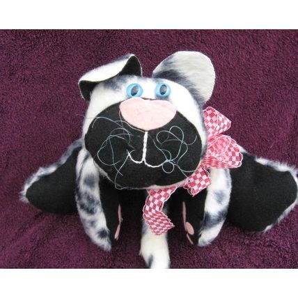 Sitting Cat Doll Handmade Black White Faux Fur 16 inches tall Adjust Position