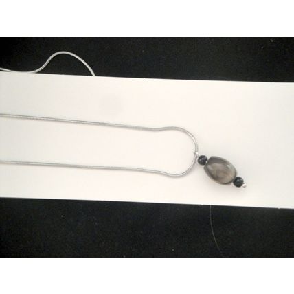 White black grey banded agate barrel pendant on stainless steel necklace