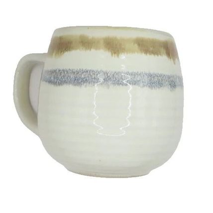 Mug Brown Cream & Grey Bands with Indented Lines 9 CM Glazed Hand Dipped Gift