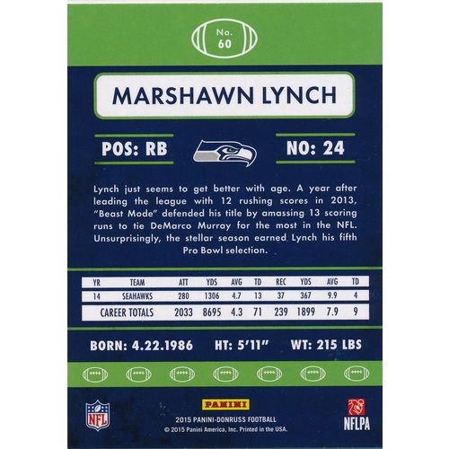 2015 Donruss Football 60 Marshawn Lynch Seattle Seahawks
