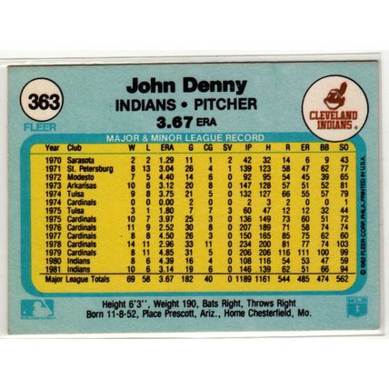 1982 Fleer baseball card 363 John Denny– Cleveland Indians