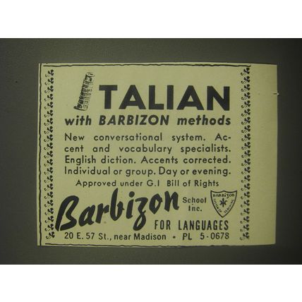 1946 Barbizon School Inc. Ad - Italian with Barbizon Methods