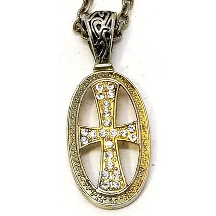 Gold Tone Cross Oval Pendant Clear Rhinestones 24" Necklace (DM1)