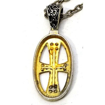 Gold Tone Cross Oval Pendant Clear Rhinestones 24" Necklace (DM1)