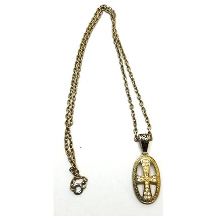 Gold Tone Cross Oval Pendant Clear Rhinestones 24" Necklace (DM1)