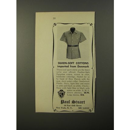 1954 Paul Stuart Sport Shirts Ad - Silken-soft cottons imported from Denmark