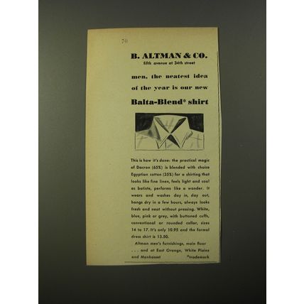 1954 B. Altman Balta-Blend Shirt Ad - men, the neatest idea of the year