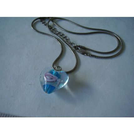 Vintage Necklace Murano Glass Heart Blue & Pink Rose Flower Pendant 19" Chain