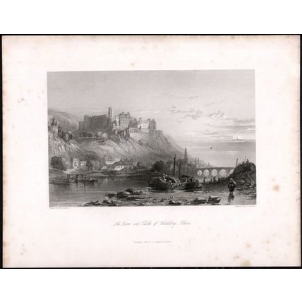 TOWN AND CASTLE OF HEIDELBERG, RHINE 1842 John Cousen ANTIQUE ENGRAVING