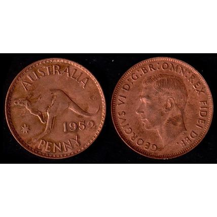 Australia One Penny 1952 Used. Coin 1d Geo VI Kangaroo
