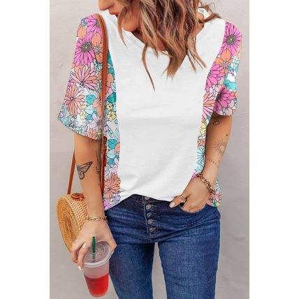 White Floral Print Patchwork Short Sleeve Top