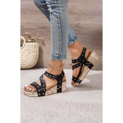 Black Rivet Hollow Out Leather Wedge Sandals