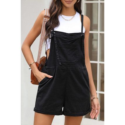 Black Grommet Tie Straps Casual Denim Romper
