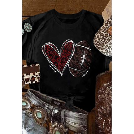 Black Rhinestone Rugby Heart Shape Graphic Crewneck T Shirt