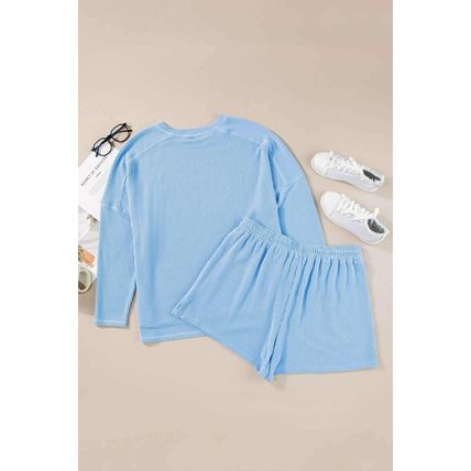 Light Blue Plus Size Ribbed Long Sleeve Top and Drawstring Shorts Set