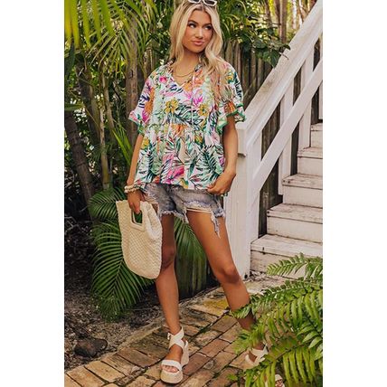 White Tropical Floral Print Ruffled Short Sleeve Blouse