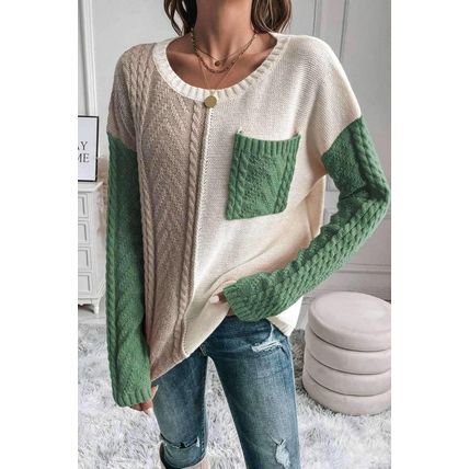 Vineyard Green Colorblock Patched Pocket Drop Shoulder Sweater